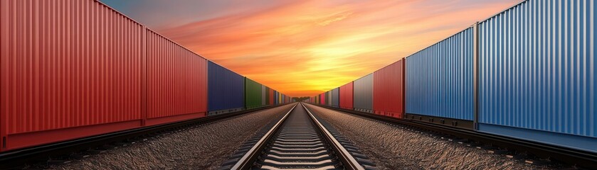 Fototapeta premium A stunning sunset view between colorful shipping containers on a railway track, perfect for logistics and transportation themes.
