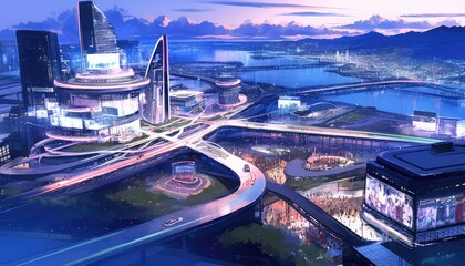 Obraz premium Futuristic cityscape at night with glowing skyscrapers, illuminated roads, and a river.