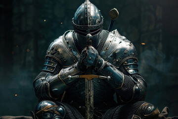 Fototapeta premium A fantastic royal knight in armor guards the castle chambers