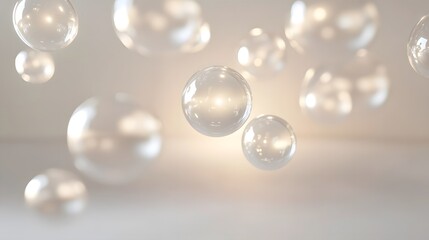 Fototapeta premium Glowing Light Orbs: Bright, glowing orbs of light floating in mid-air, casting soft reflections on a white background. 