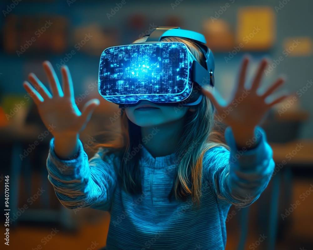 Aufkleber School student in a classroom using VR headset for AI and machine learning applications, showcasing interactive technology and innovation with a blue AI hologram