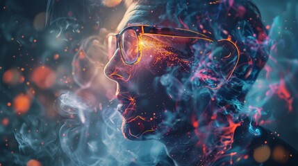A stylized profile of a person with glasses, surrounded by colorful smoke and light effects.