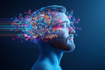 Obraz premium A futuristic digital illustration of a man with pixelated thoughts symbolizing the fusion of technology and thought and the transformation of ideas in the digital age