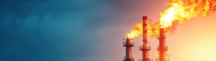 Obraz premium Industrial smokestacks release smoke and flames under a dramatic sky, symbolizing energy production and environmental impact.