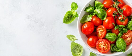 Fototapeta premium A white bowl brimming with numerous fresh tomatoes and green leaves atop a pristine counter, adjacent to a pair of scissors
