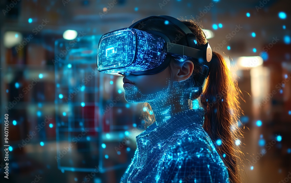 Poster Student with VR headset in a classroom, utilizing AI artificial intelligence technology and machine learning, highlighting interactive and smart tech with a blue hologram