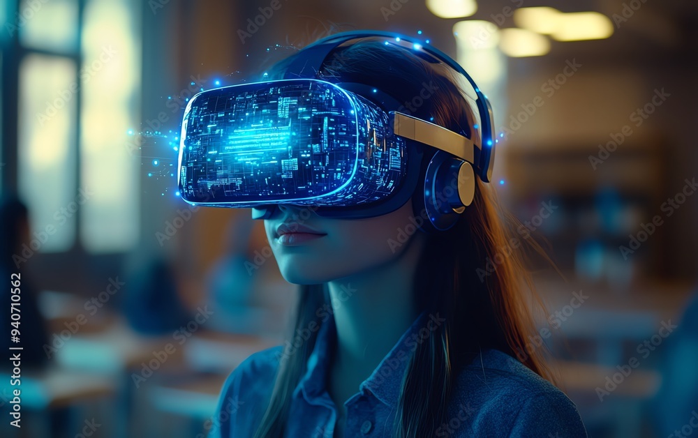 Poster Student with VR headset in a classroom, utilizing AI artificial intelligence technology and machine learning, highlighting interactive and smart tech with a blue hologram