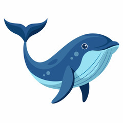 Cartoon blue whale with a light blue belly, tail, and fins, with black eyes.