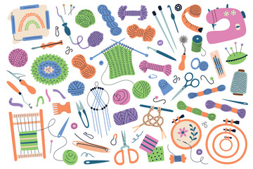 Vector illustration set of needlework tools and materials in a flat cartoon style. Colorful collection of knitting, crochet, embroidery, macrame supplies. Sewing accessories for craft and DIY designs