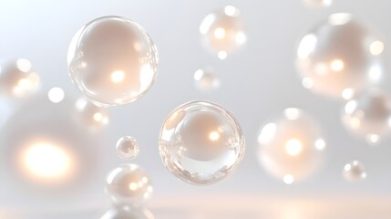 Fototapeta premium Glowing Light Orbs: Bright, glowing orbs of light floating in mid-air, casting soft reflections on a white background. 