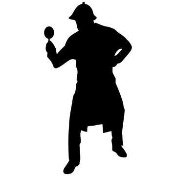 recommend clip art: Silhouette of detective with magnifying glass in hand on transparent background. Suitable for stickers, logos, tattoos, icons
