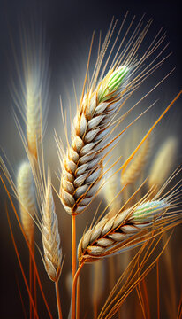 Golden wheat ears growing up in a farm field. Isolated young textured wheat. Blurred vertical background. Generative AI