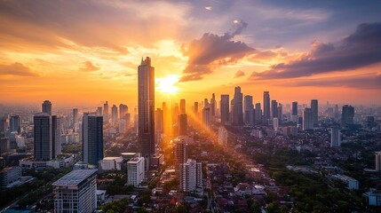 Fototapeta premium Sunset over a cityscape with towering skyscrapers