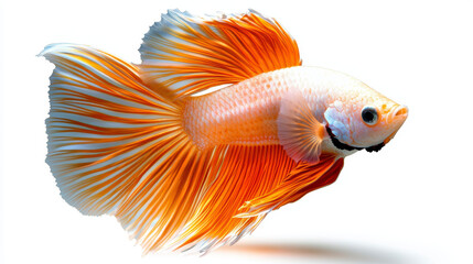 Fototapeta premium A full-body image of a beautiful Siamese fighting fish, swimming gracefully with its long fins trailing behind, isolated on a white background.