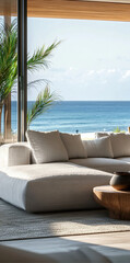 Interior design on the beach of a luxury Living Room,close up, modern luxury, ocean view