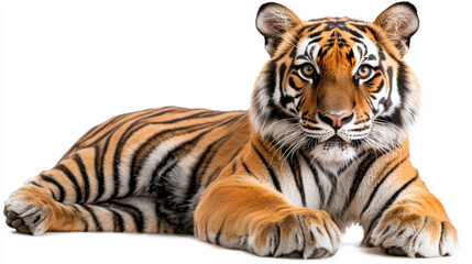 Obraz premium A full shot of a Bengal tiger, lying down on the ground, isolated on a white background, with its relaxed posture and striking orange and black stripes fully visible.