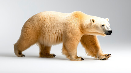 Fototapeta premium A full-body image of a polar bear, walking slowly on an icy surface, isolated on a white background, with its thick fur and large paws clearly visible.