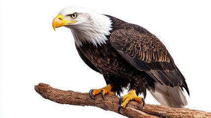 A complete image of an American bald eagle, perched on a branch with its wings slightly open, isolated on a white background, highlighting its sharp talons and piercing eyes.
