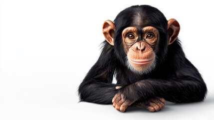 Naklejka premium A full view of a chimpanzee, sitting on the ground with its arms resting on its knees, isolated on a white background, showing its expressive face and agile limbs.