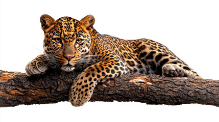 A full-body shot of a leopard, lying on a tree branch, isolated on a white background, highlighting its muscular build and beautiful spotted coat.