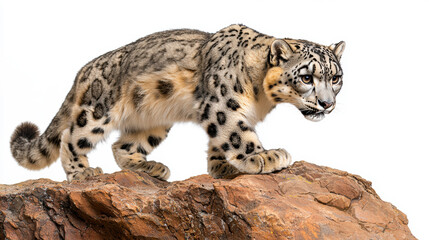 Naklejka premium A full-body photo of a snow leopard, standing on a rocky ledge, isolated on a white background, showcasing its thick fur and powerful build.