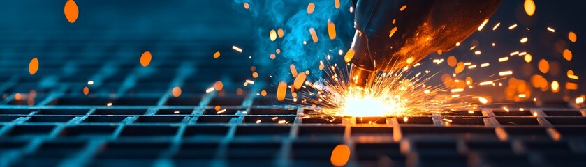 A close-up of welding sparks illuminating a metal surface during industrial work.