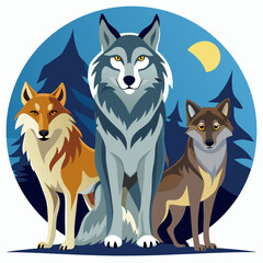 Three Wolves Standing Together in a Forest Clearing at Night