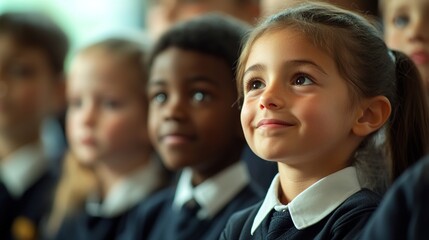 Group of children in school uniforms sitting in a classroom attentively listening