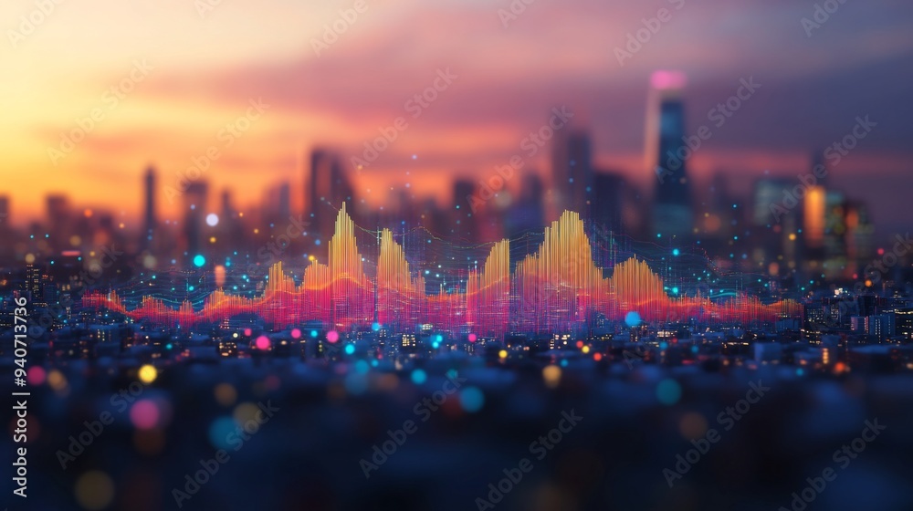 Aufkleber a 3d area chart with layered colors showing financial trends, with the chart set against a blurred c