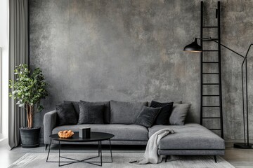 Loft style of modern apartment with grey design sofa, black coffee table, black ladder, pedant lamp, carpet, wooden decoration and elegant accessories . Concrete grunge wall. Template , ai