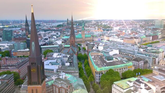 Hamburg aerial skyline view drone footage of city downtown hamburg germany fly over old town in front city hall and main sqaure in city centre.