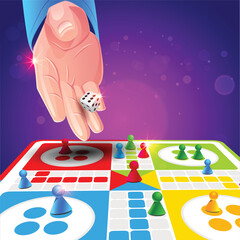 A game with a game board with a person playing dice. Ludo Board Game