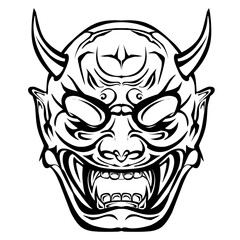 The design of the Hannya mask is typical Japanese with a white background. Perfect for stickers, logos or icons