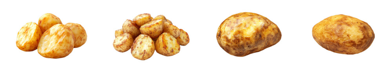 A variety of potatoes, ranging from small and round to large and oblong, are displayed in a row.

