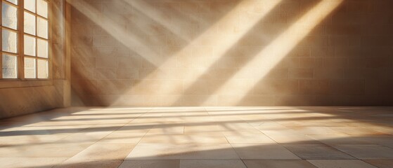  A spacious room boasts a vast window and tiled floor Sunlight filters in from the right, illuminating the unoccupied space