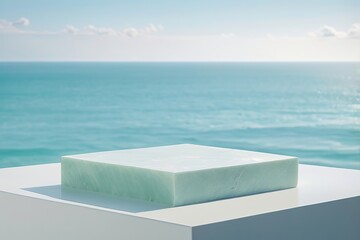 Blank square thin podium in pale seafoam green is centered on a polished white stone surface, with a blurred ocean blue background creating a fresh, calming effect. Made with generative AI technology