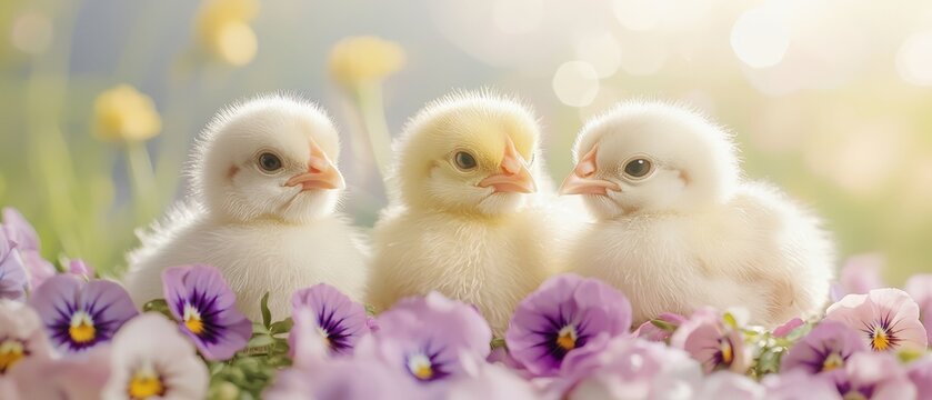  A collection of tiny, white chicklings congregated together in a field adorned with purple and white petunias