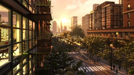 Obraz premium Sunset over a city skyline with a mix of old and new buildings, including skyscrapers and brick structures