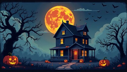 Fototapeta premium Pixel Spooky House in Full Moon Silhouette with Scattered Jack-o'-Lanterns