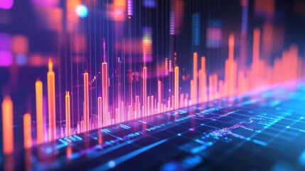 A 3D stock market graph with animated bars and lines, illustrating financial growth and fluctuations in a dynamic, modern setting.