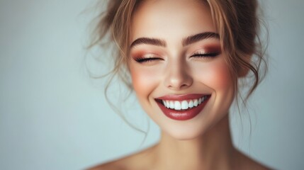 Fototapeta premium A beautifully made-up woman smiling confidently, with her makeup emphasizing bold eyeliner and glossy lips.