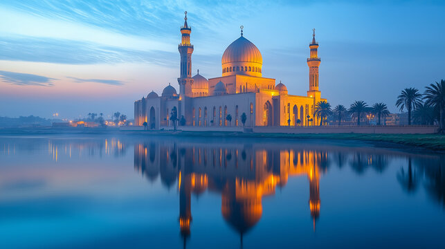 Reflection of a Majestic Mosque in calm river.