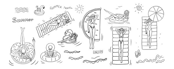 Cute seamless pattern with girls in swimsuits and girl on an air mattress. Summer time theme elements. Travel design. Adventure. Hand drawn. Doodle style. Great for banner, professional design © Natalia