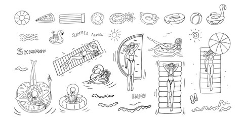 Large set with girls in swimsuits and girls floats on an air mattress. Summer time theme elements. Travel design. Adventure. Hand drawn. Doodle style. Great for banner, professional design © Natalia