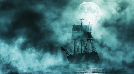 Fototapeta premium mysterious silhouette of a ship sailing through dense fog under a full moon at night.