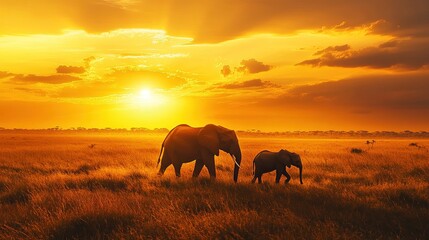 Elephants walking through the savannah at sunset