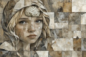 A textured and stylized illustration of a woman with her face as a patchwork of puzzle pieces symbolizing identity fragmentation and the process of self discovery in an artistic abstract form
