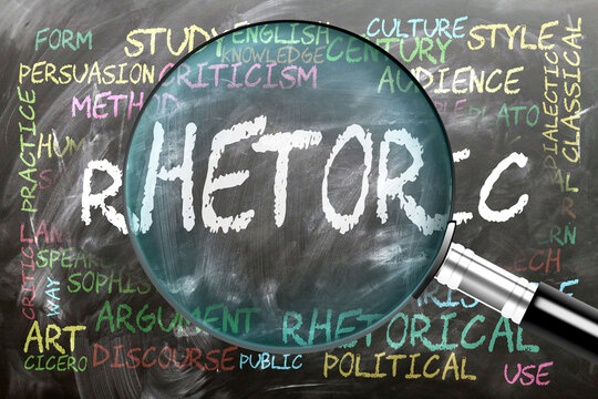 Rhetoric being studied, examined - under close inspection. Most important subjects and ideas closely related to rhetoric written on a blackboard inspected by a magnifying glass. ,3d illustration