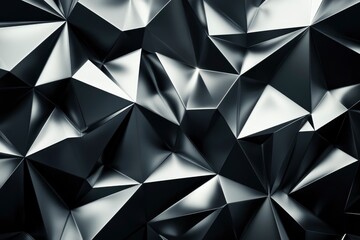 Fototapeta premium Black white dark gray silver abstract pattern background. Geometric shape. Line triangle angle fold polygon diamond 3D. Gradient. Rough grain noise. Light shadow. Matte shimmer. Design. Minimum , ai
