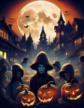 Hooded figures with jack-o'-lanterns gather under a full moon in a dark village. Ideal for creating eerie Halloween event flyers, spooky social media graphics, and immersive seasonal posters.
